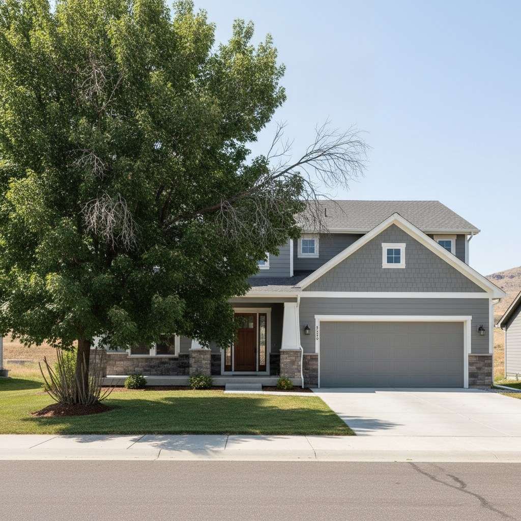 An overgrown, neglected tree crowding a home before professional trimming (illustrative example)