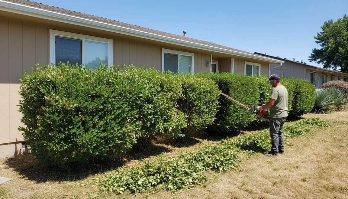 A worker trimming overgrown shrubs along the front of a Boise home