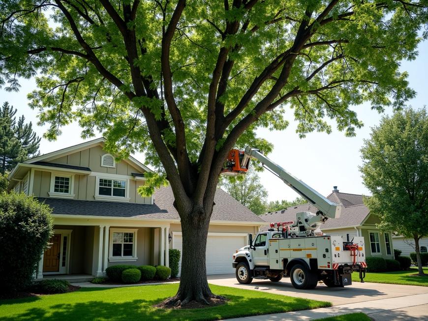 A tree crew working from a bucket truck on a large tree over a Boise home