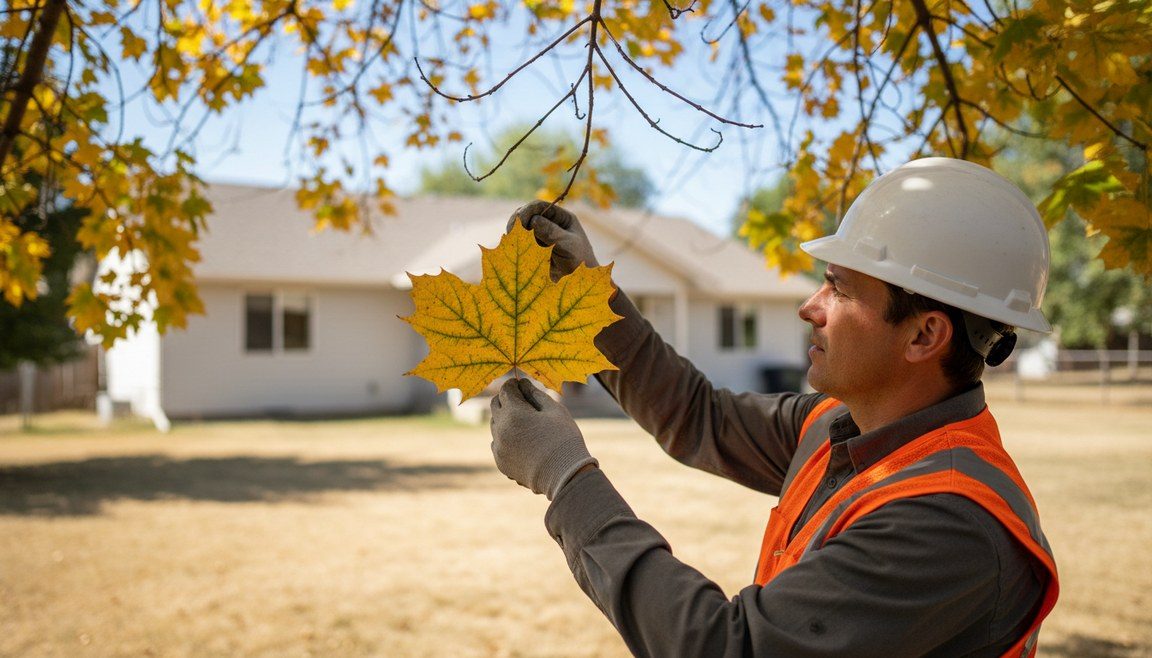 An arborist examining the leaves and branches of a stressed tree in a Boise yard