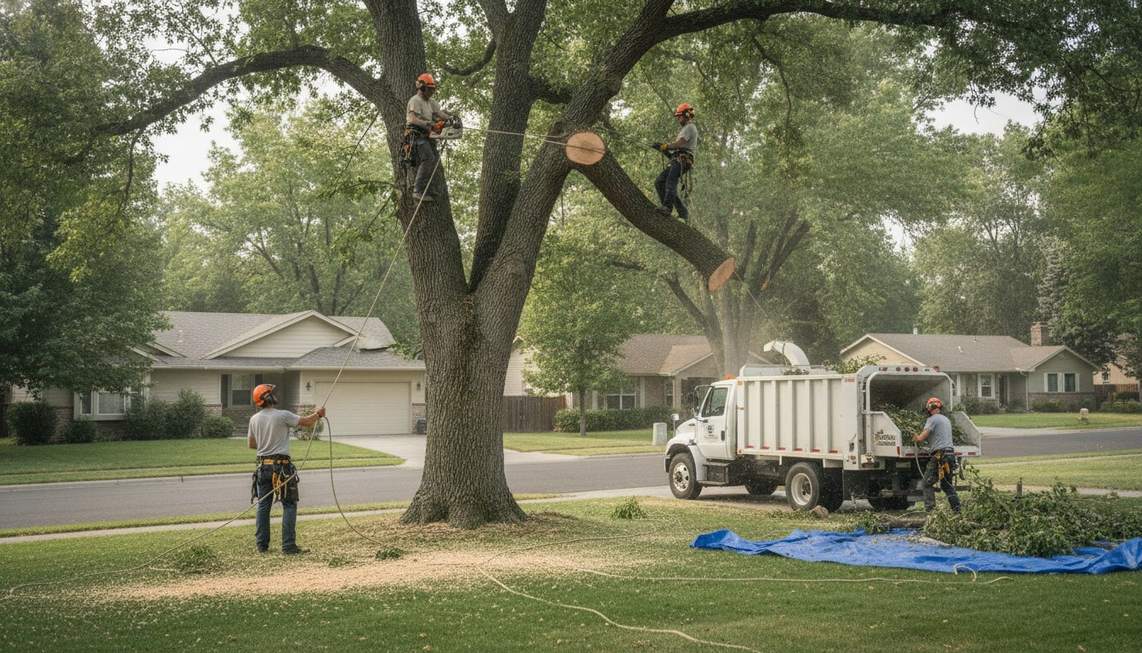 A tree removal crew rigging and cutting down a large tree section by section near a Boise home