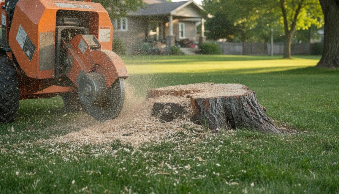 Residential yard with stump ground below ground level