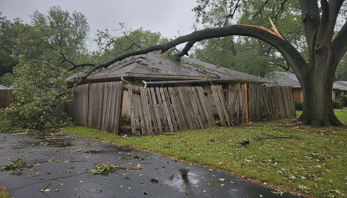A large broken tree limb down across a roof after a storm, with debris on the lawn